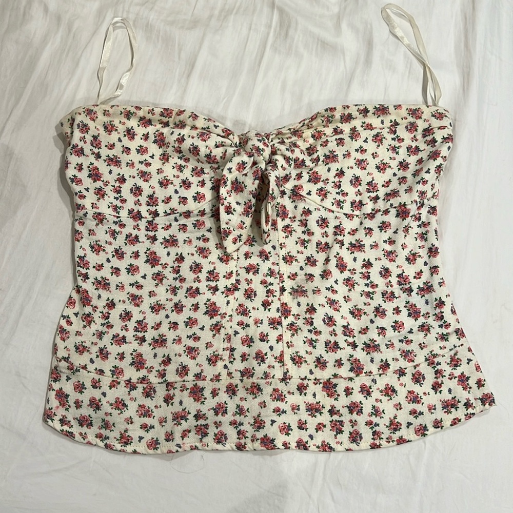 Cotton Floral Knot Tied Strapless Corset Top M
